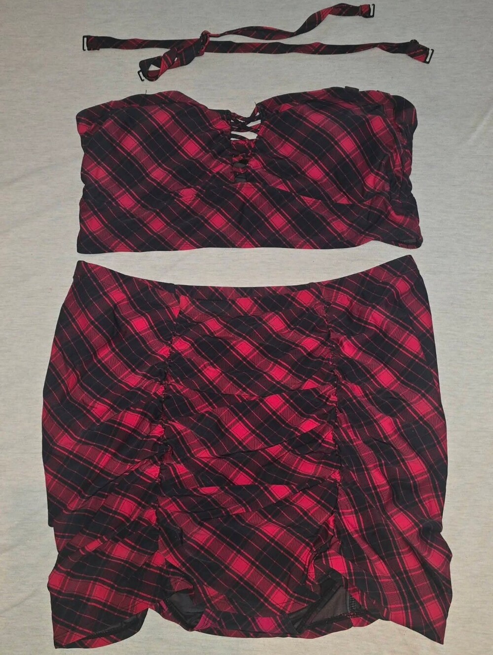 Torrid Size 2 Vintage Swim Skirt Bikini Red Black Plaid Multi-Way Straps XXL